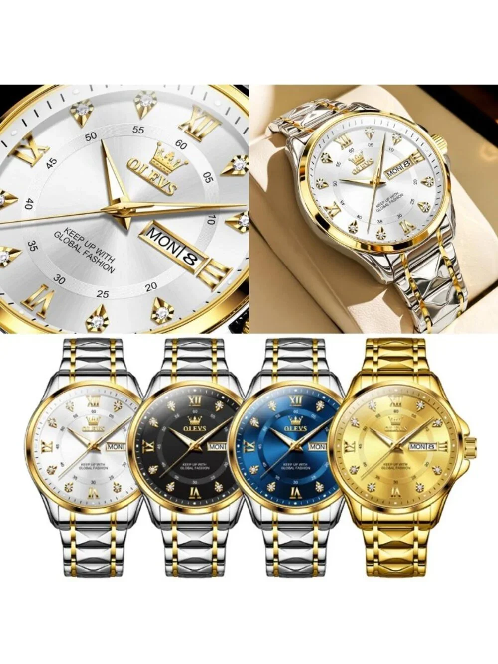 Olevs Men's Silver Gold Stainless White Face Analog Waterproof Luminous Watch
